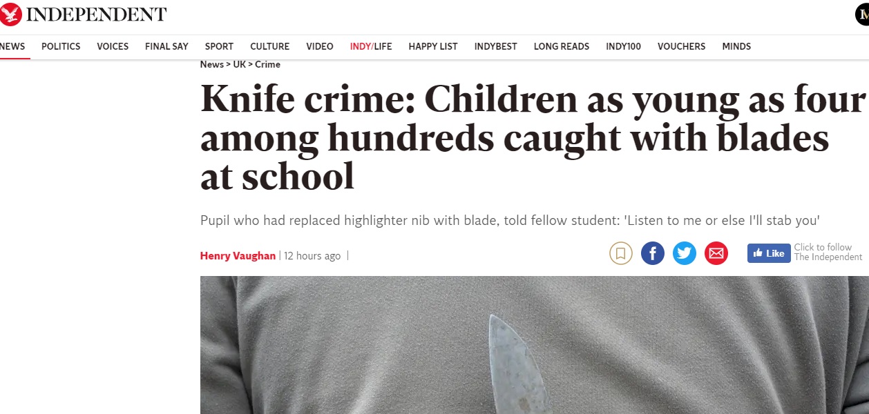 کودکان انگلیسی از چهارسالگی با خود تیغ یا چاقو حمل می کنند