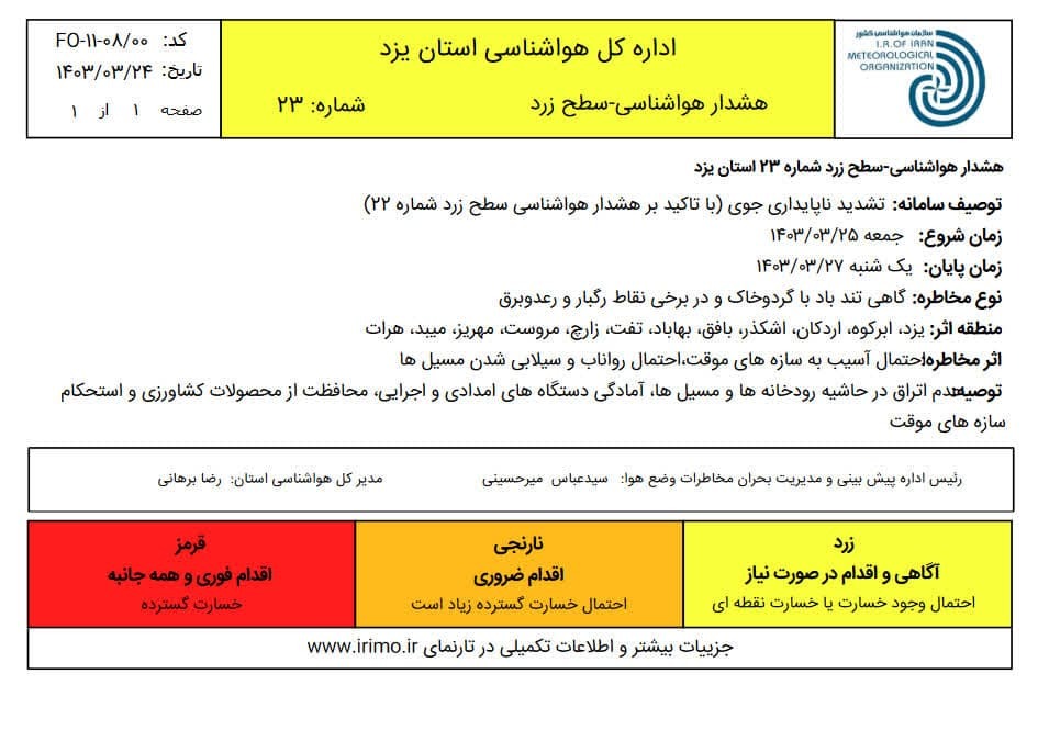 صدور هشدار سطح زرد هواشناسی در استان یزد